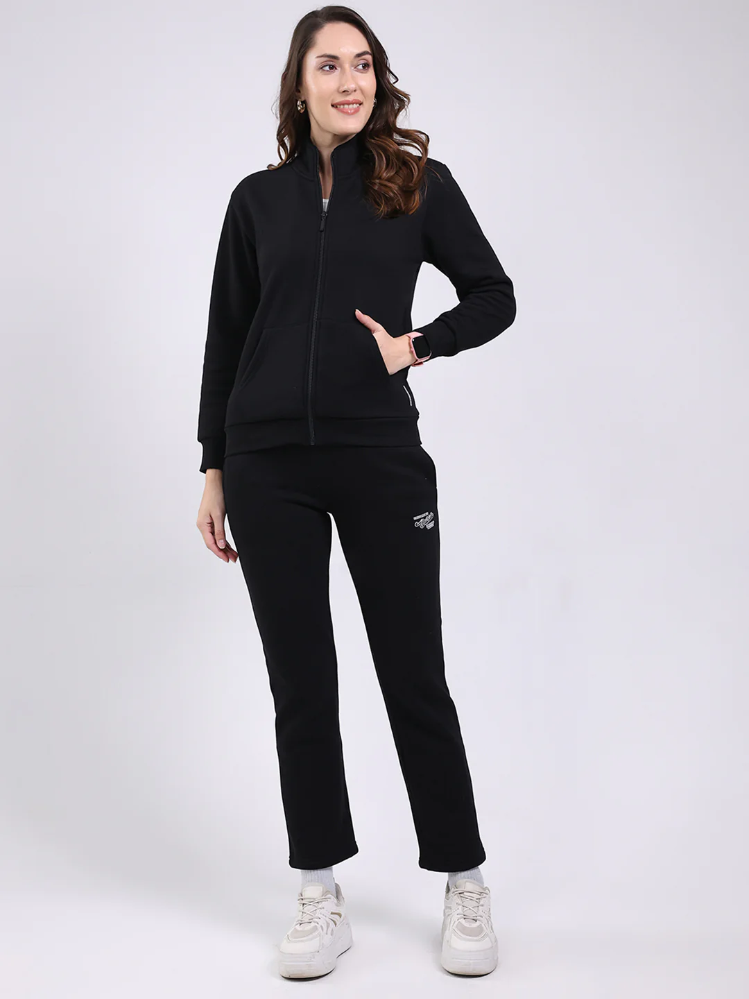 Women Black Solid Mock Neck Full Sleeve Winter Tracksuit