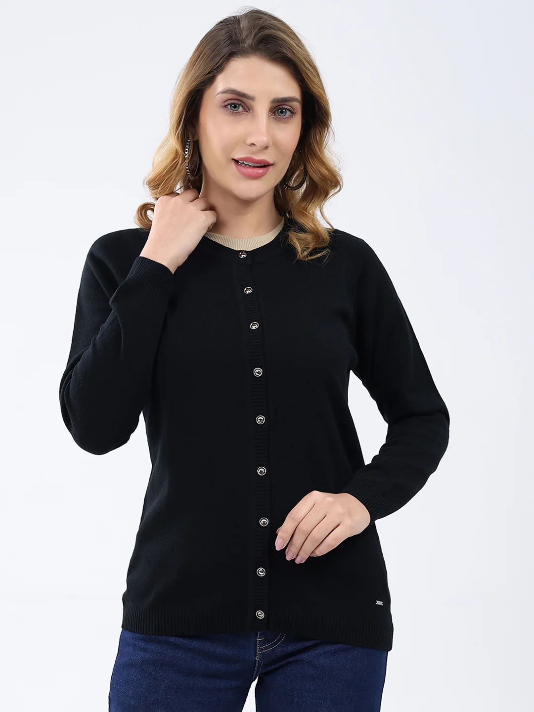 Women Black Solid Round Neck Full Sleeve Cardigan