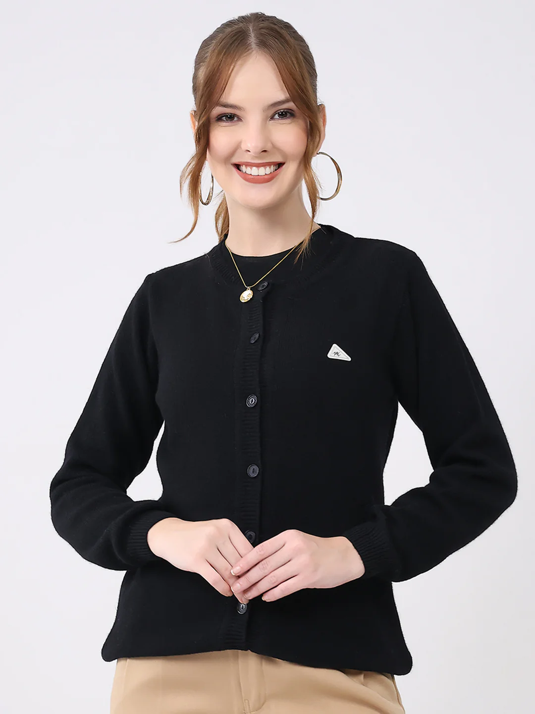 Women Black Solid Round Neck Full Sleeve Cardigan