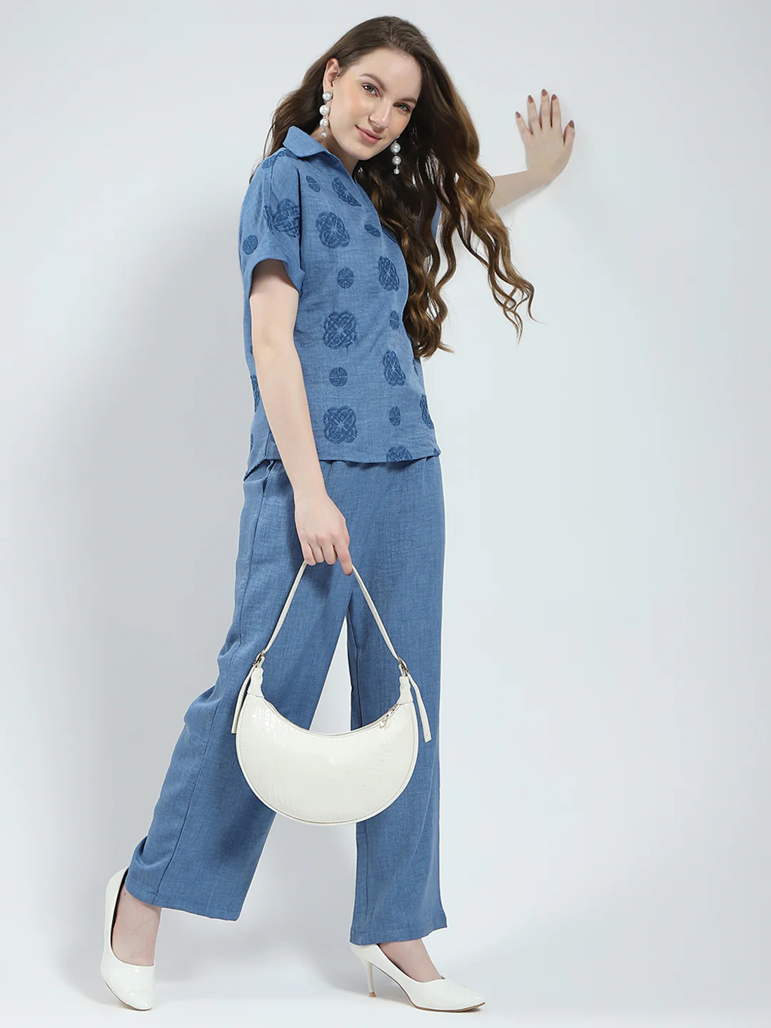 Women Blue Embroidered Collar Half Sleeve Cords Set - Image 2