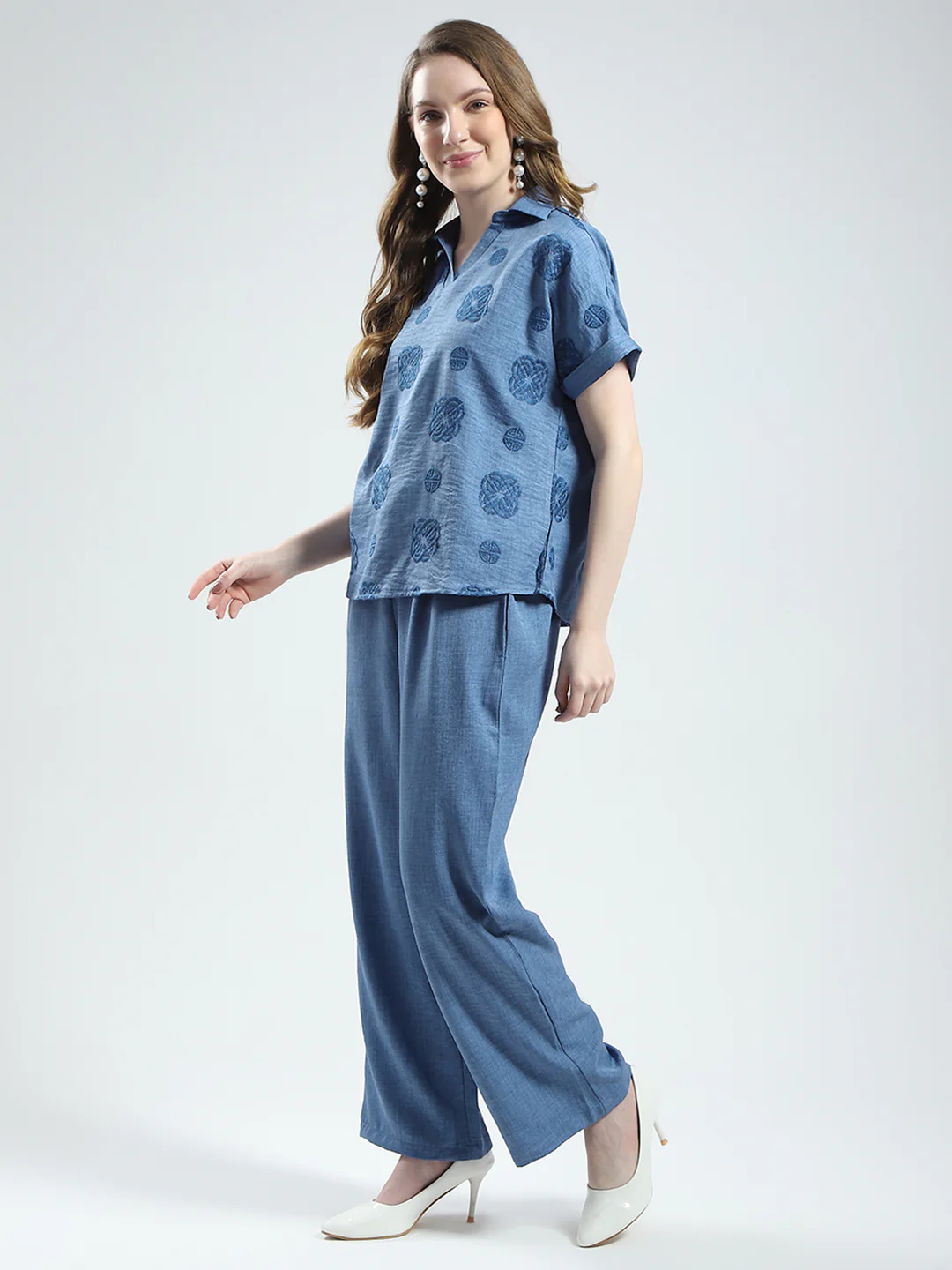 Women Blue Embroidered Collar Half Sleeve Cords Set - Image 3