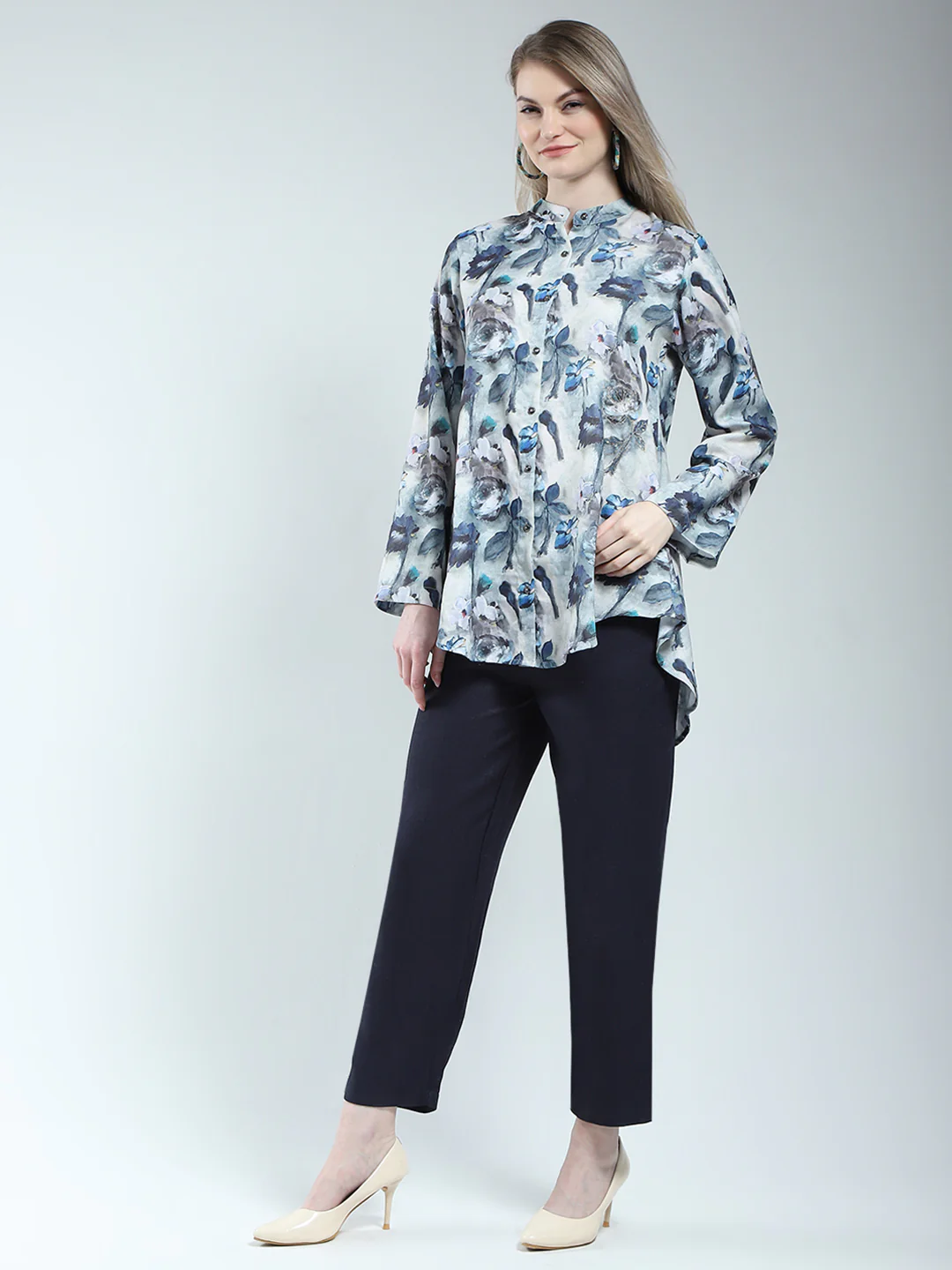 Women Blue Printed Band Neck Full Sleeve Cords Set - Image 3