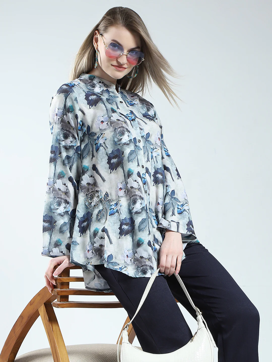 Women Blue Printed Band Neck Full Sleeve Cords Set - Image 6
