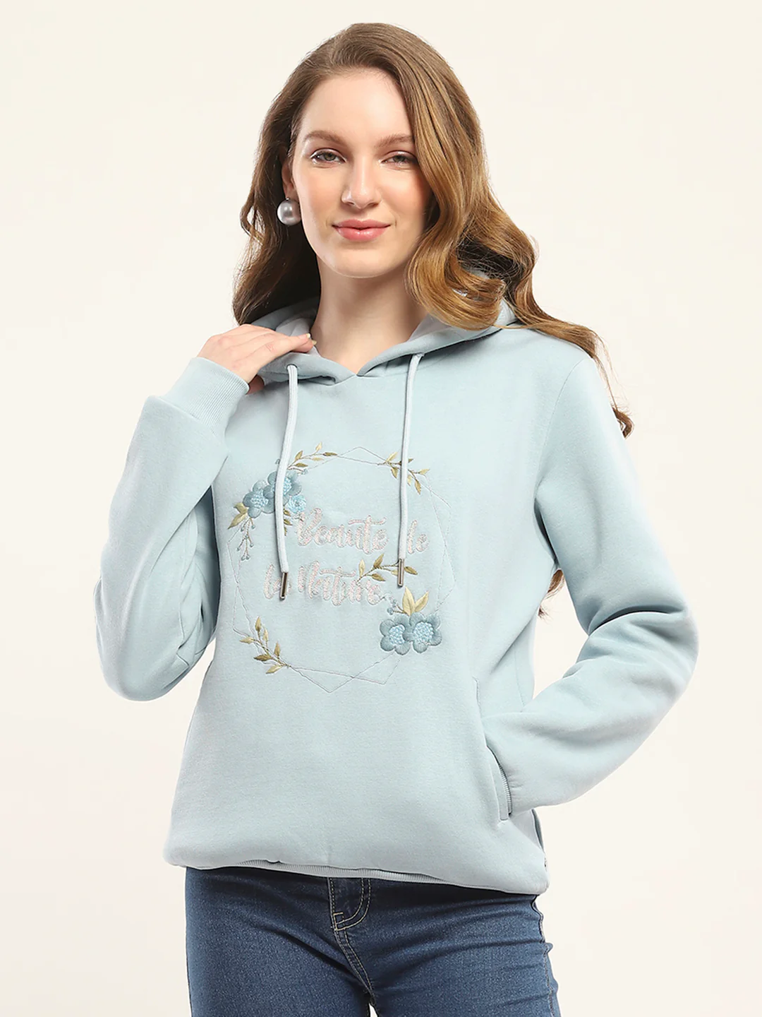 Women Blue Printed Hooded Full Sleeve Sweatshirt