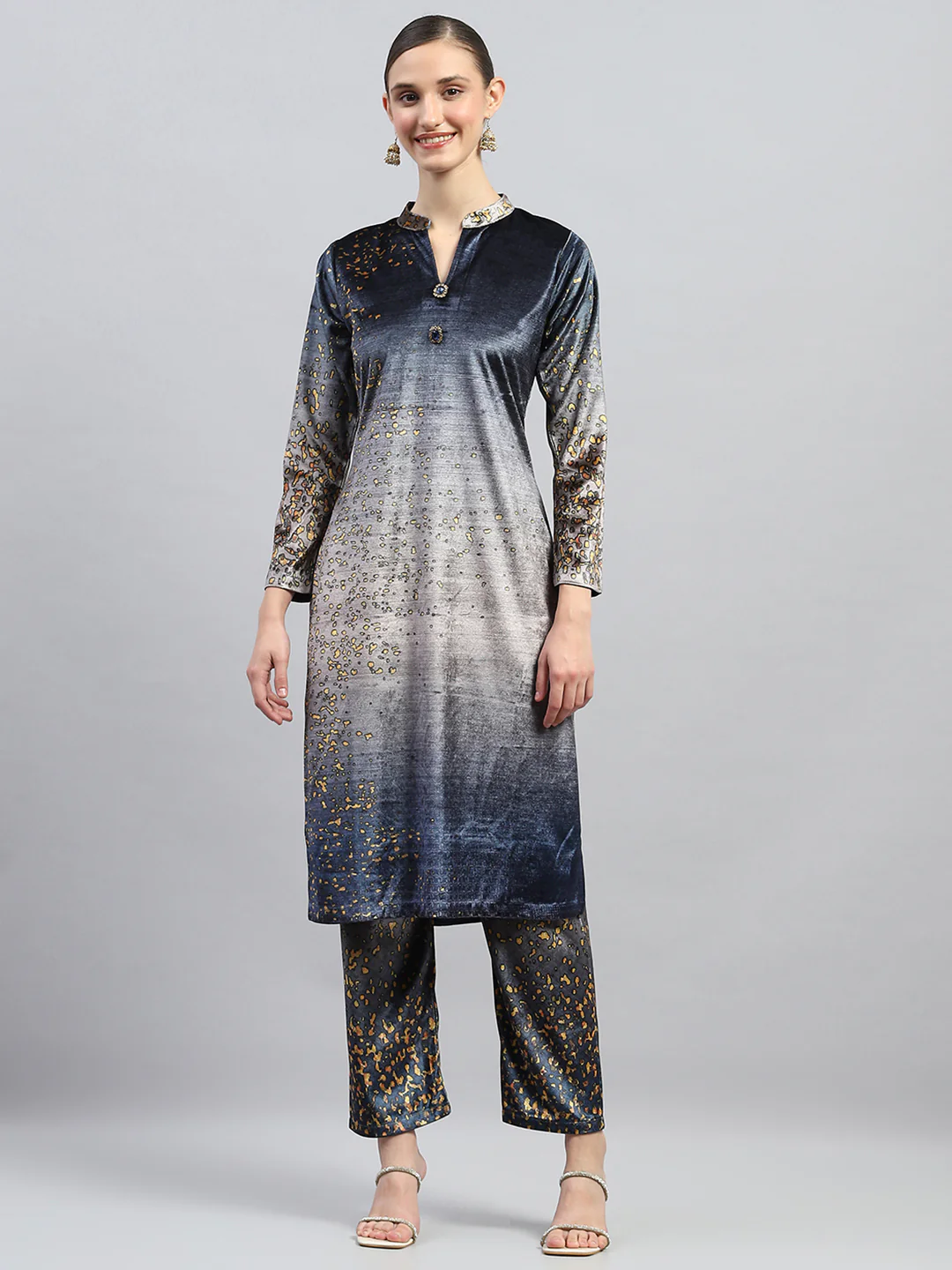 Women Blue Printed Round Neck Full Sleeve Kurti Set