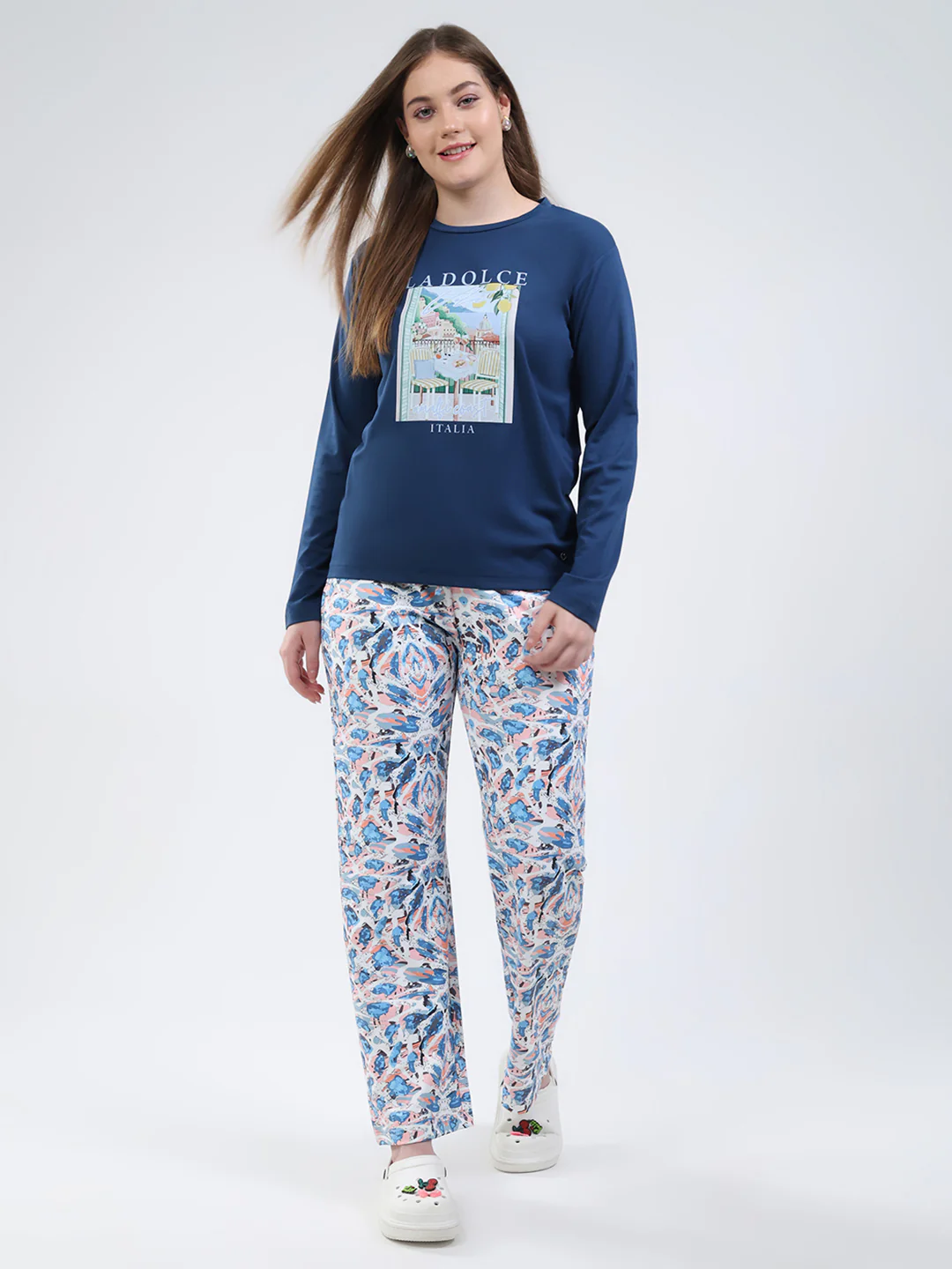 Women Blue Printed Round Neck Full Sleeve Lower Set