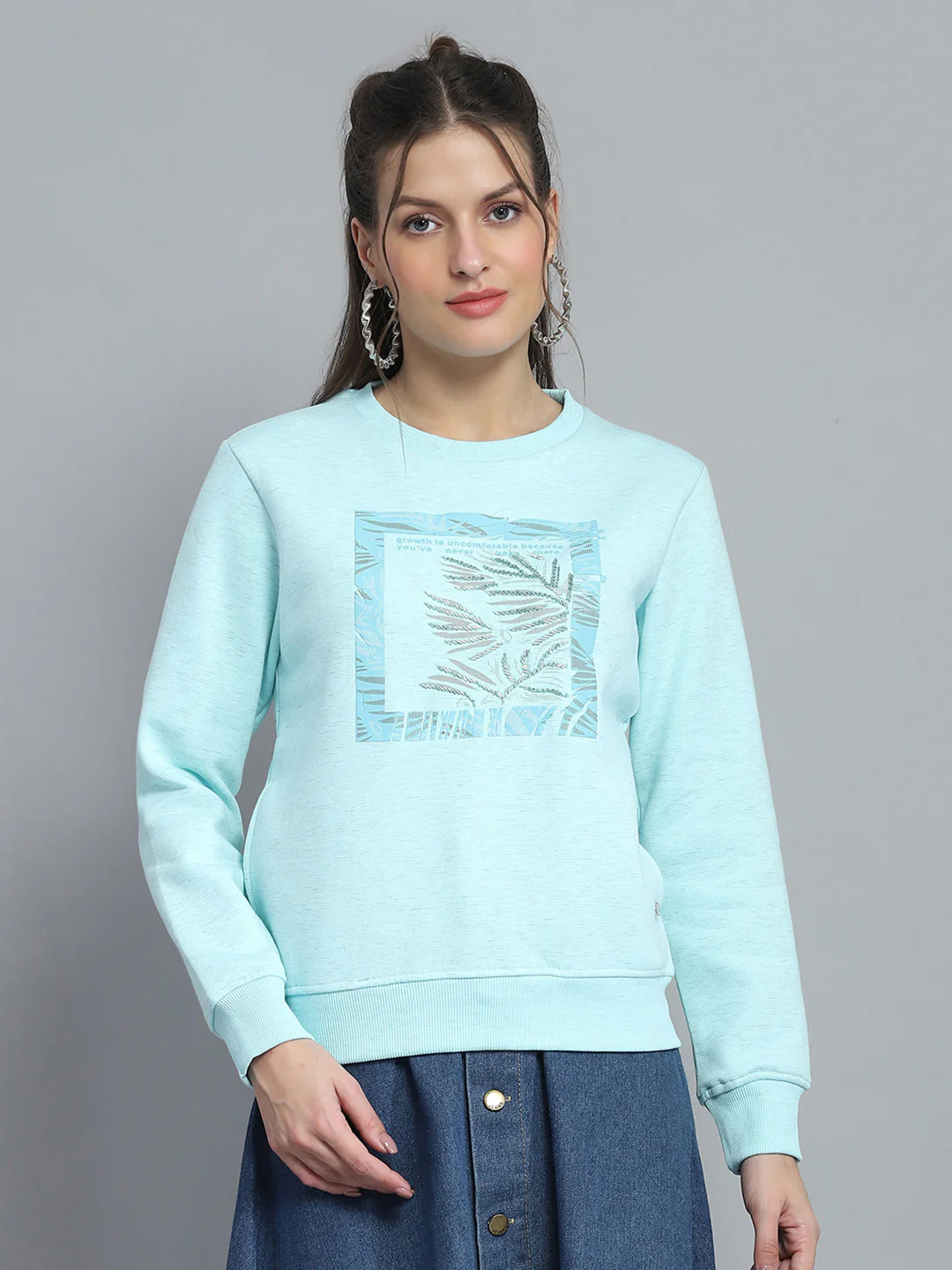 Women Blue Printed Round Neck Full Sleeve Sweatshirt