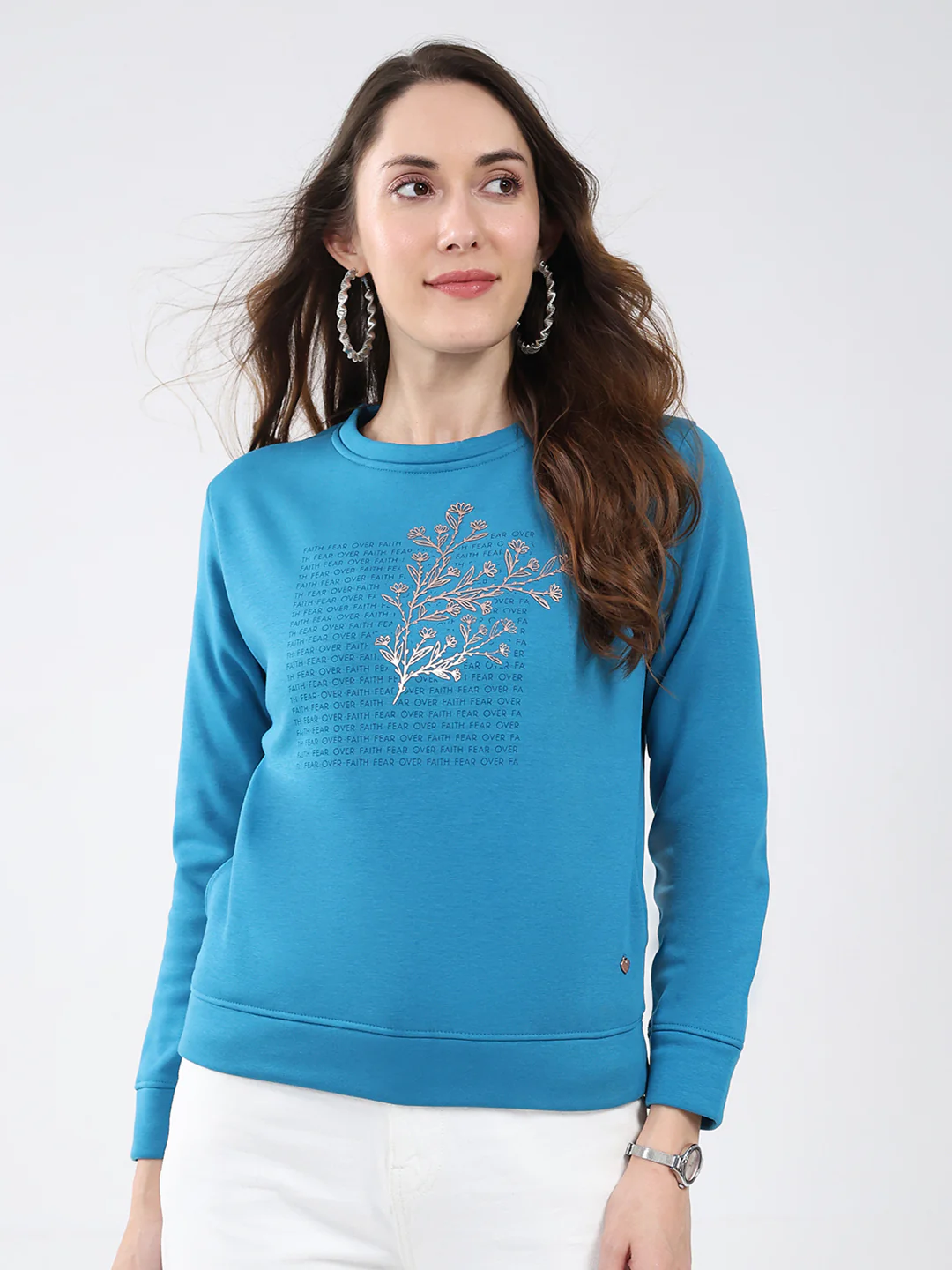 Women Blue Printed Round Neck Full Sleeve Sweatshirt