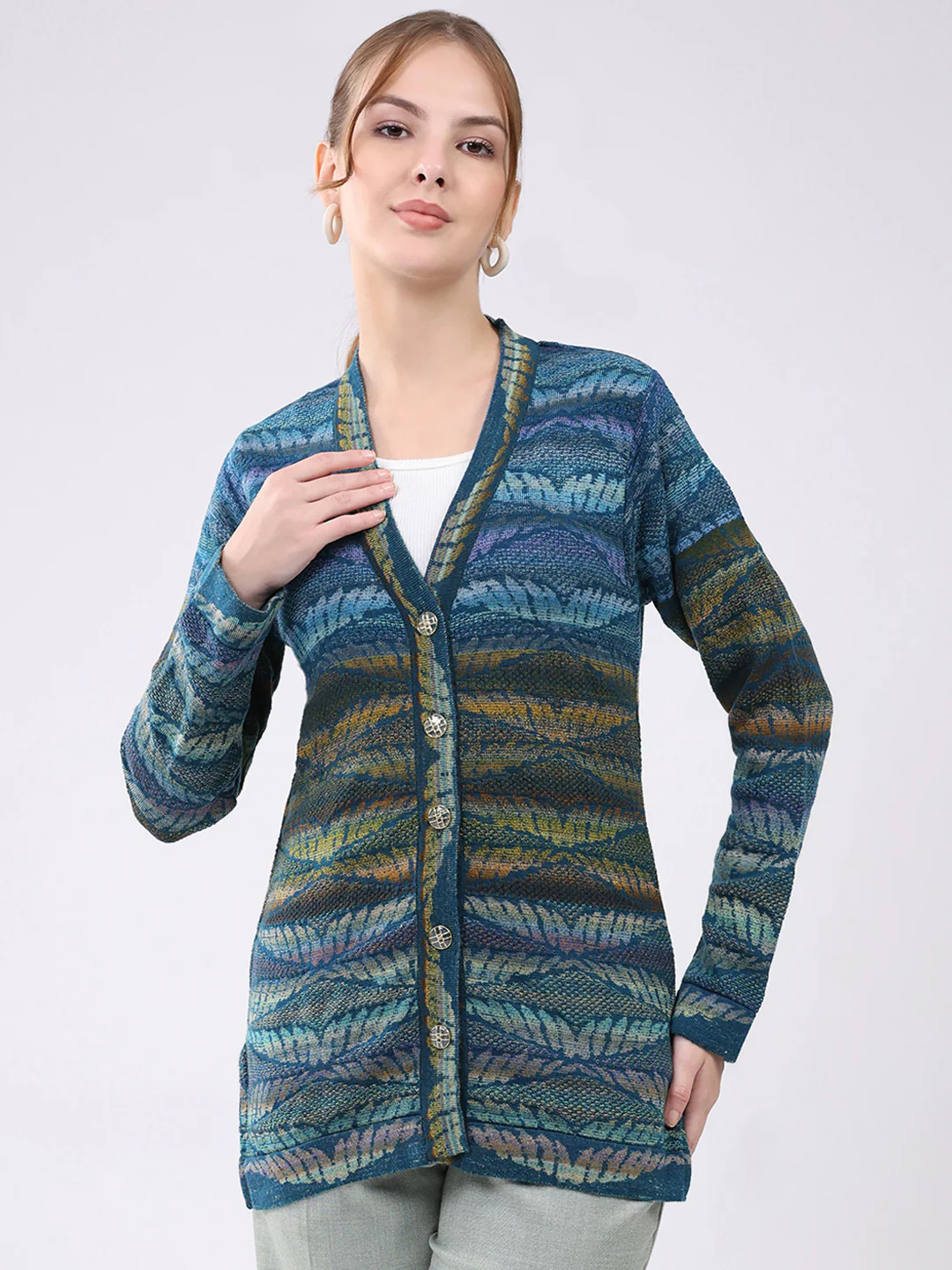 Women Blue Printed V Neck Full Sleeve Cardigan