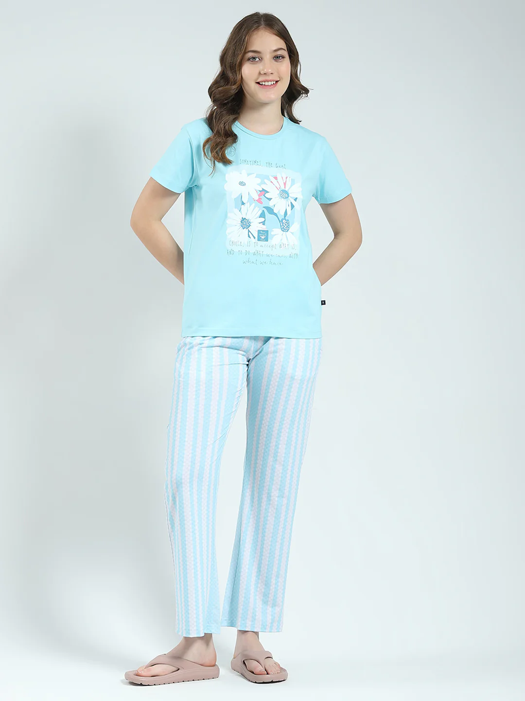 Women Blue Printed Round Neck Half Sleeve Lower Set