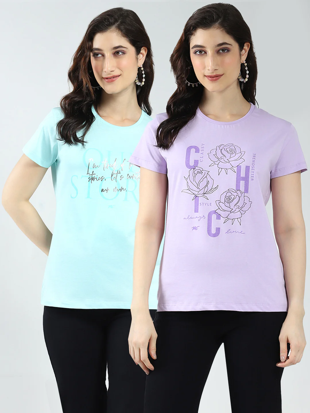 Women Blue & Purple Printed Round Neck Half Sleeve Top 2Pc Set