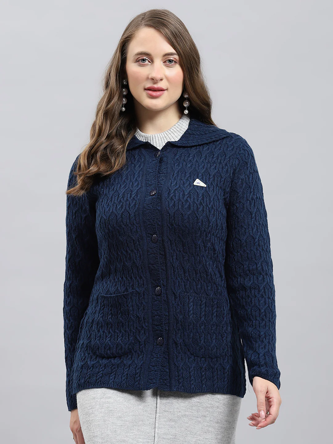 Women Blue Self Design Collar Full Sleeve Cardigan