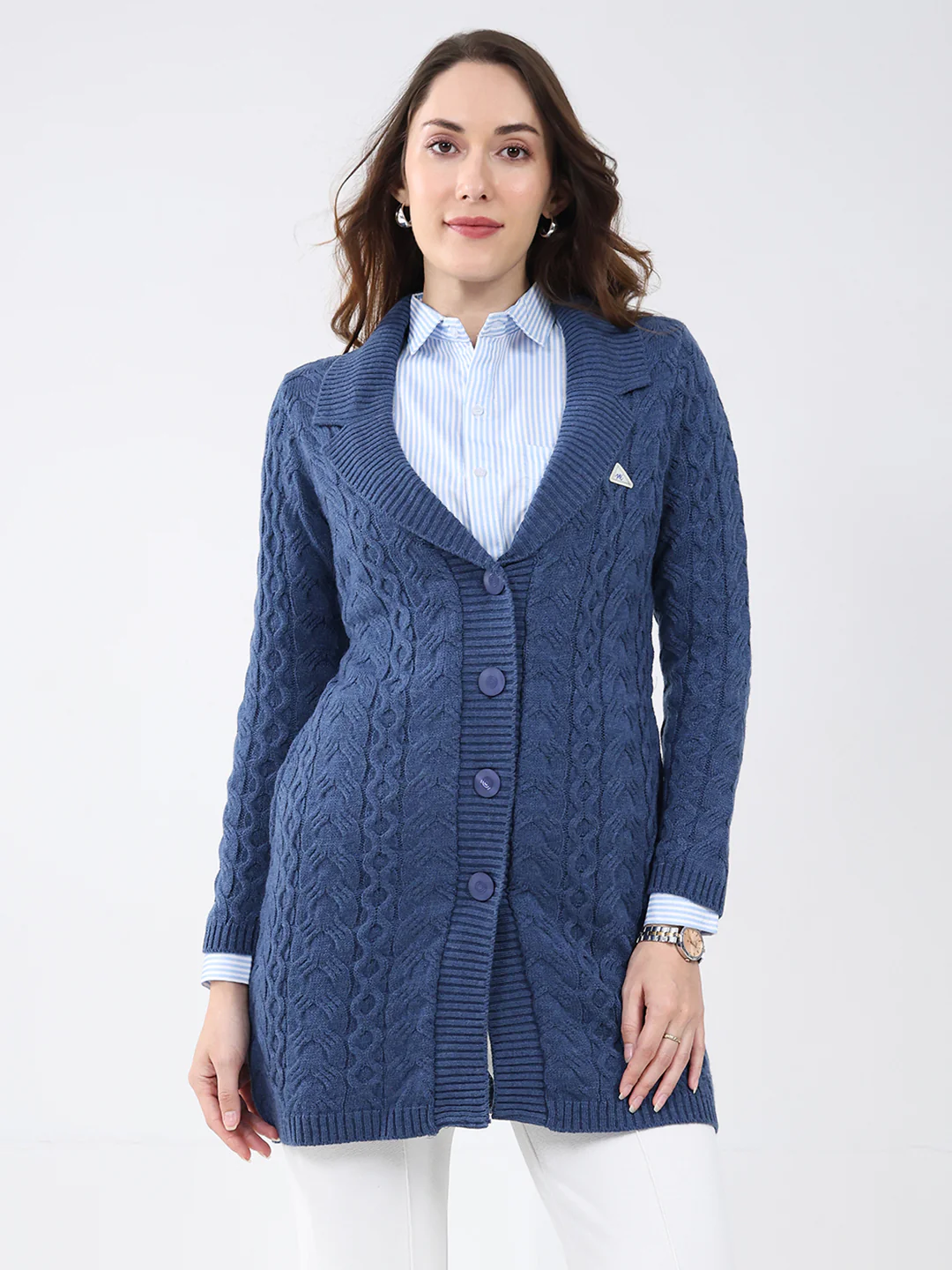Women Blue Self Design Notch Lapel Collar Full Sleeve Cardigan