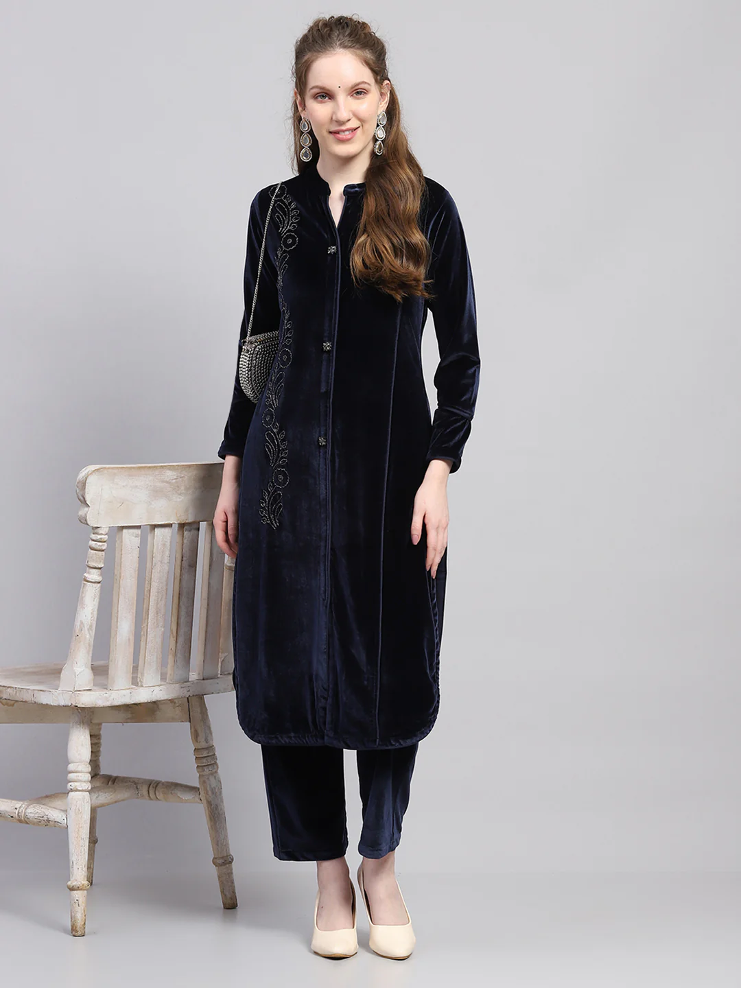 Women Blue Self Design Round Neck Full Sleeve Kurti Set - Image 2