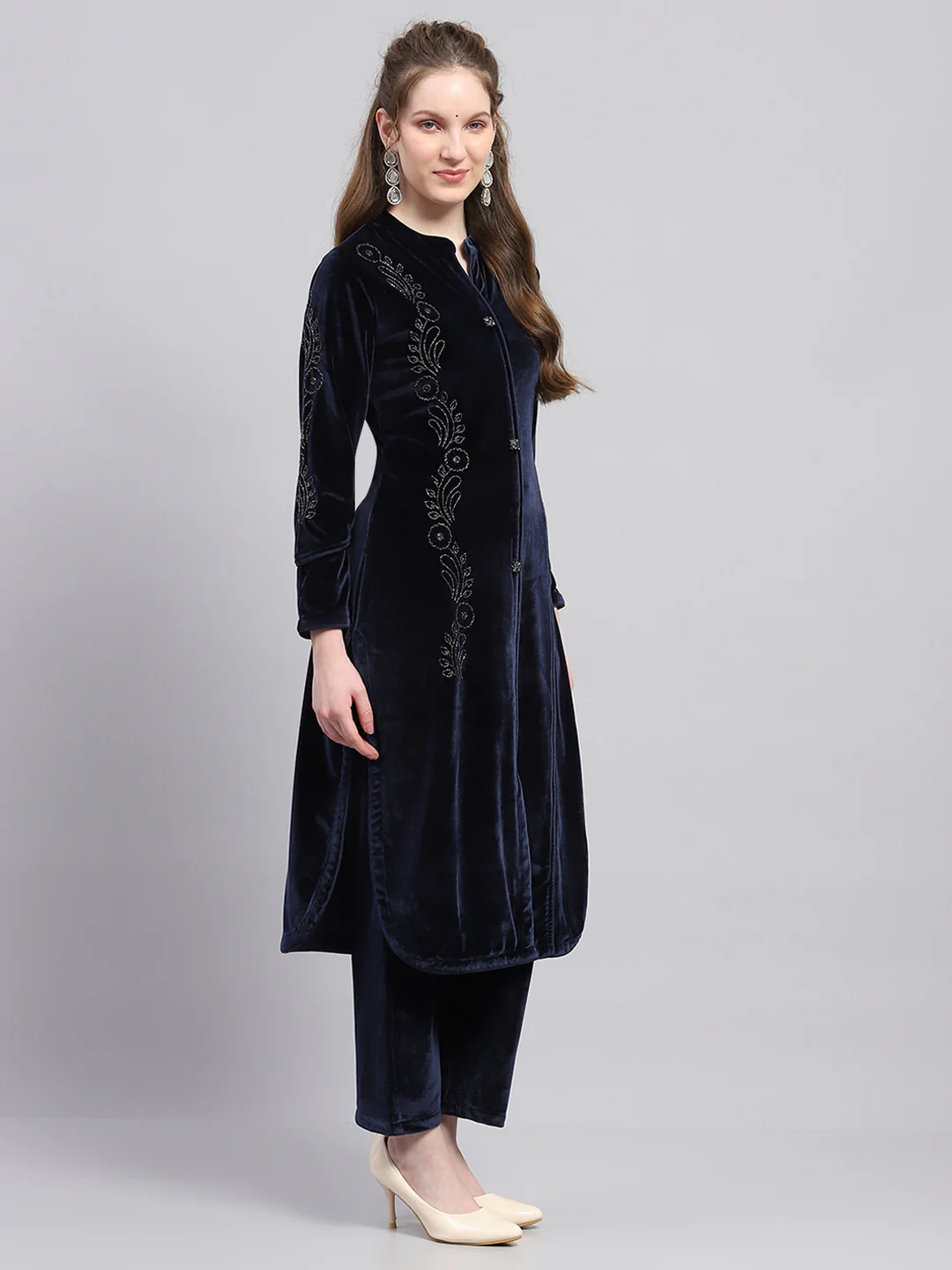 Women Blue Self Design Round Neck Full Sleeve Kurti Set - Image 4