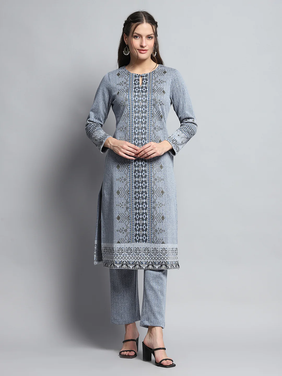Women Blue Self Design Round Neck Full Sleeve Kurti Set for Winter