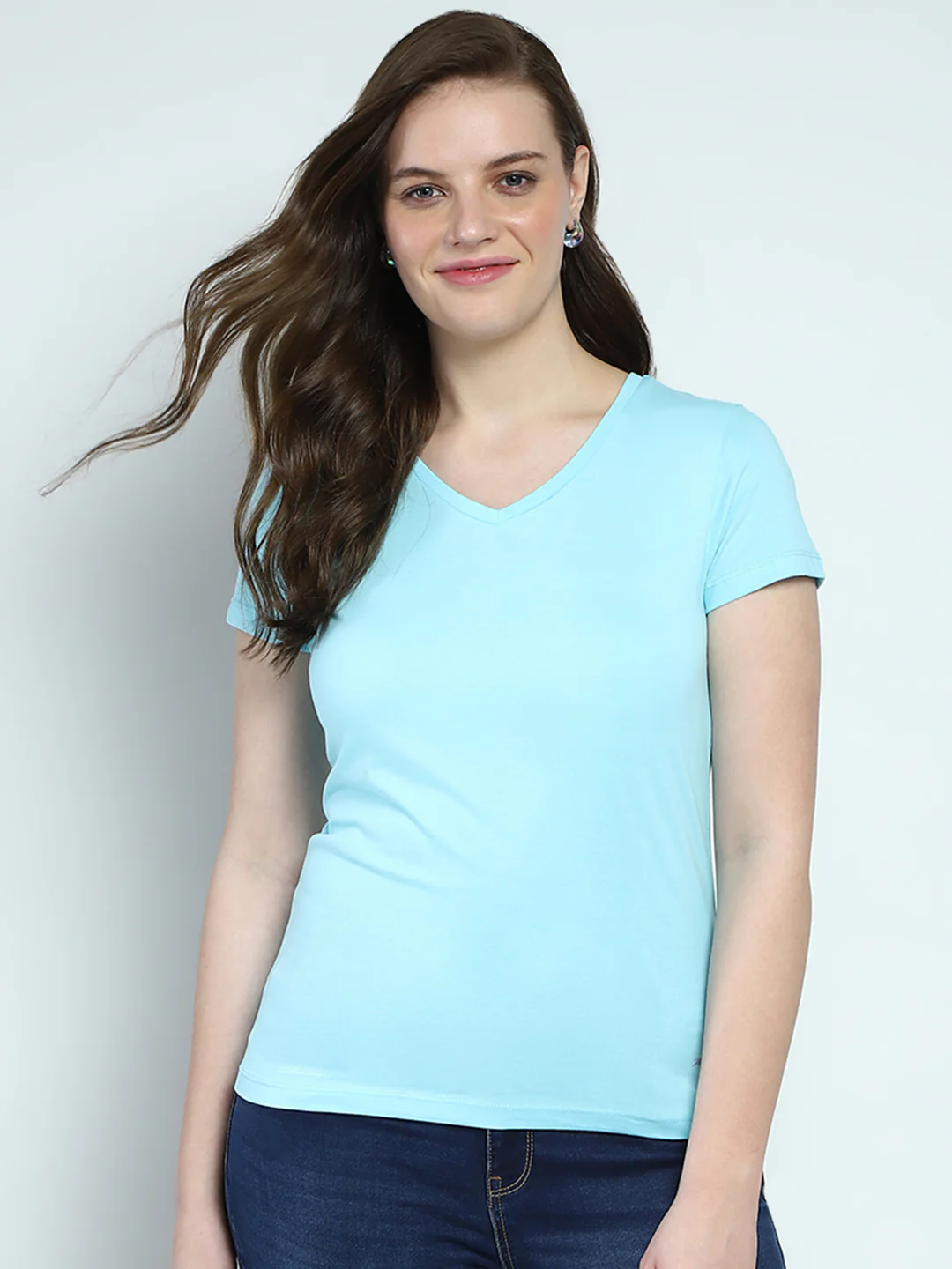 Women Blue Solid V Neck Half Sleeve Top