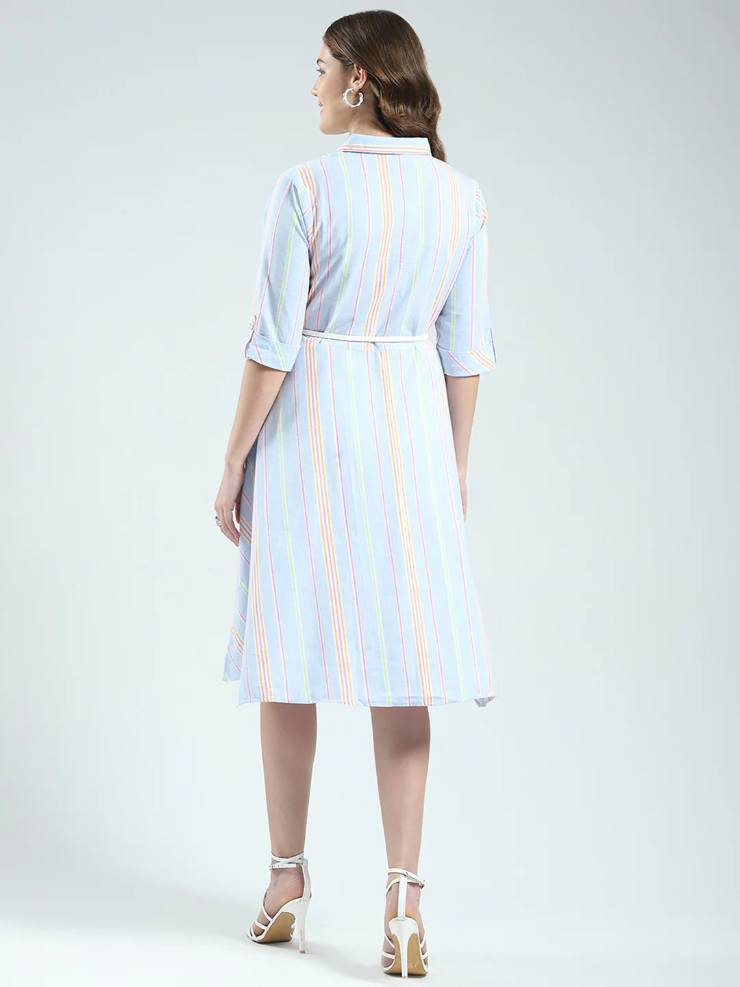 Women Blue Stripe Round Neck 3/4th Sleeve Dress - Image 5