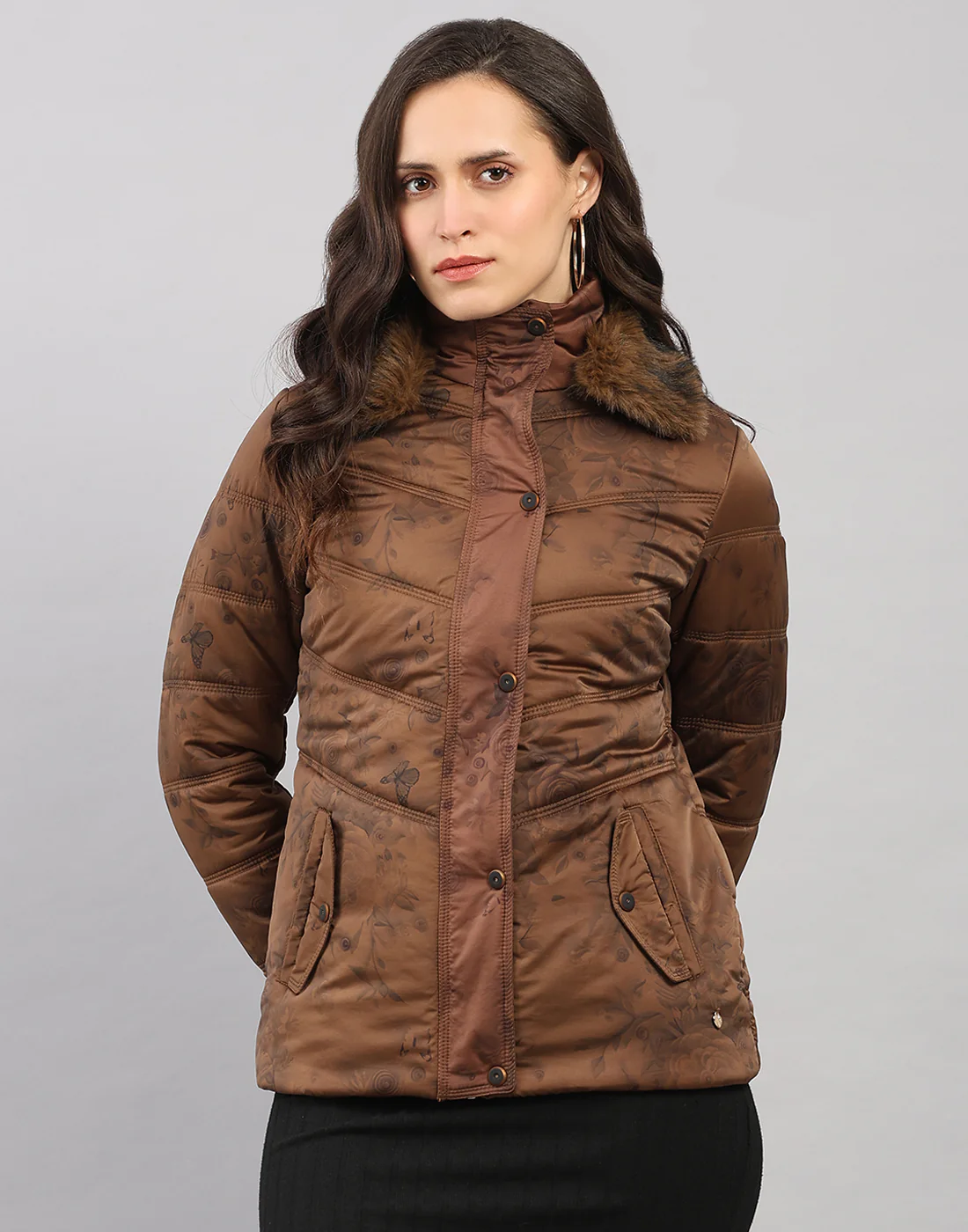 Women Brown Printed Collar Full Sleeve Jacket
