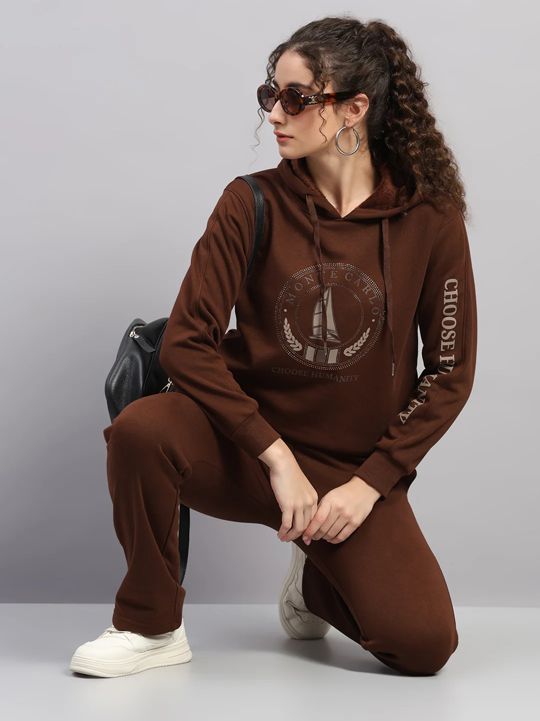 Women Brown Printed Hooded Full Sleeve Cords Set - Image 2