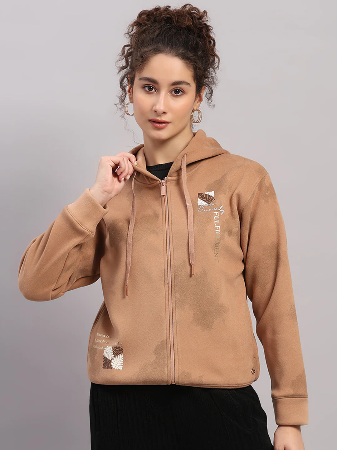 Women Brown Printed Hooded Full Sleeve Sweatshirt
