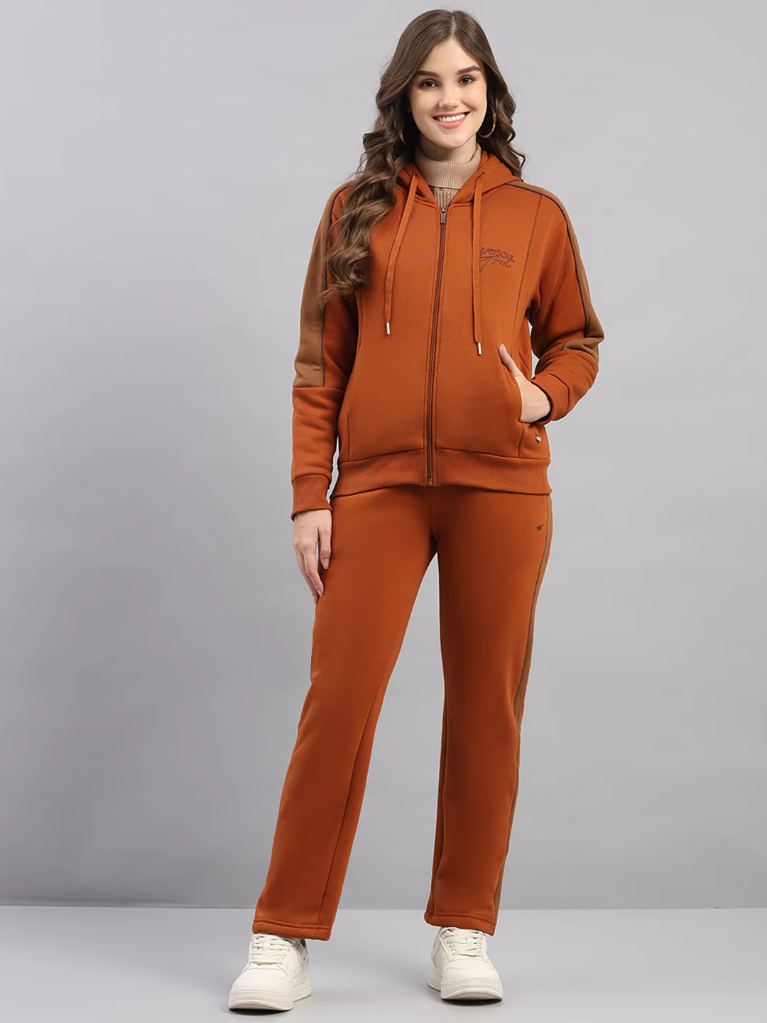 Women Brown Printed Hooded Full Sleeve Winter Tracksuit