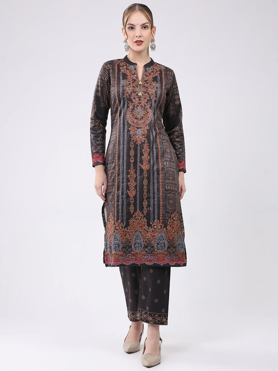 Women Brown Printed Round Neck Full Sleeve Kurti Set for Winter