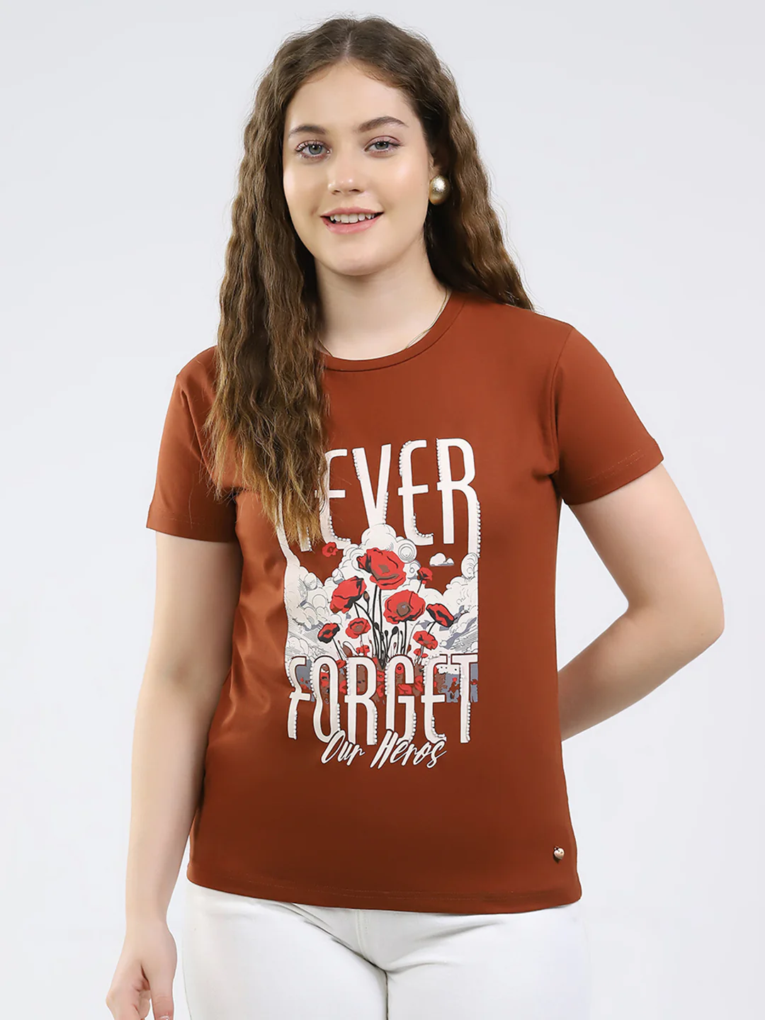 Women Brown Printed Round Neck Half Sleeve Top