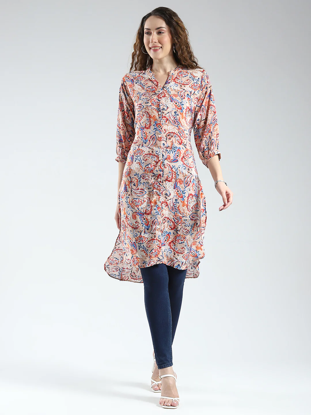 Women Brown Printed Round Neck 3/4th Sleeve Tunic