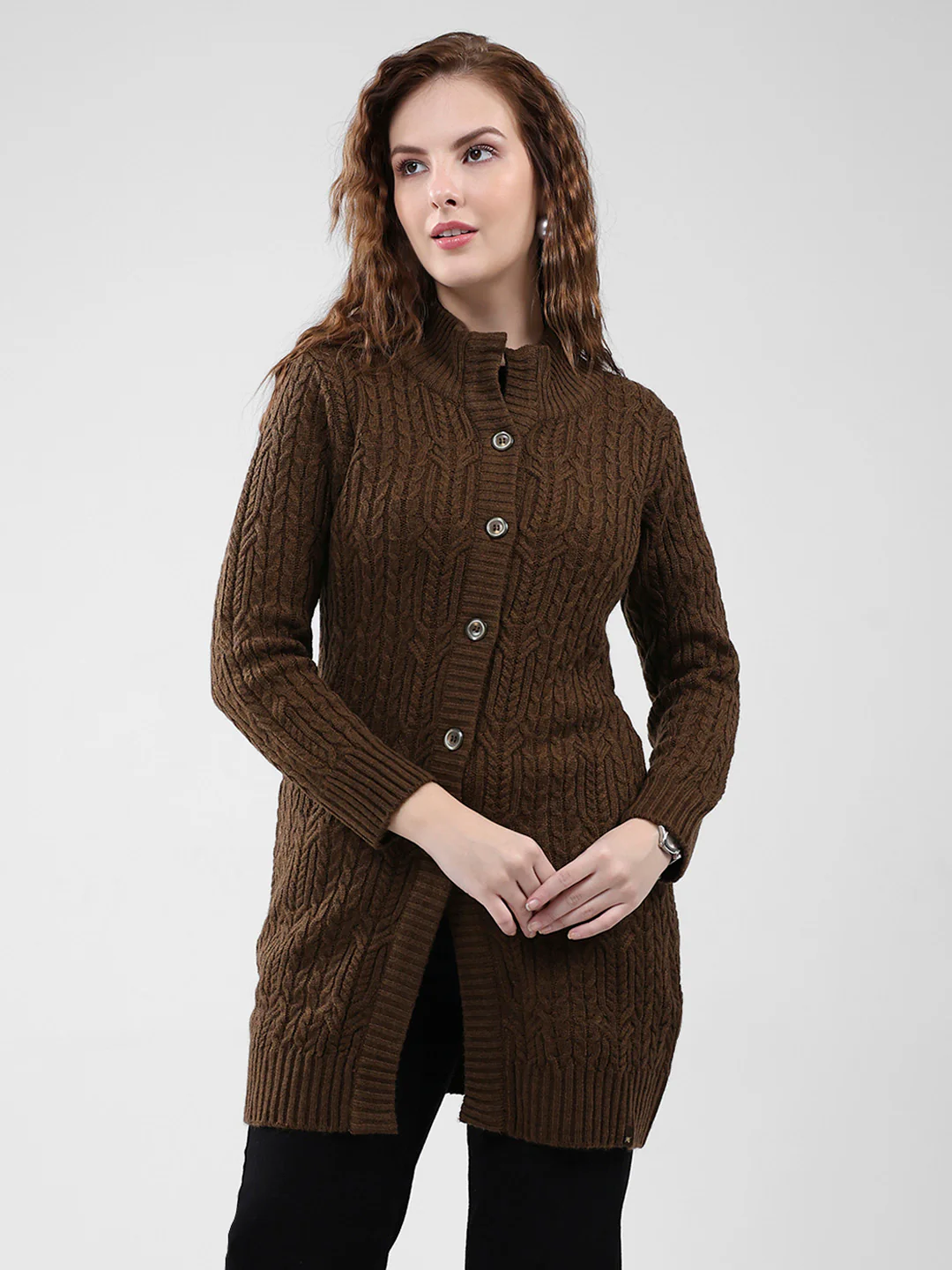 Women Brown Self Design Mock Neck Full Sleeve Cardigan