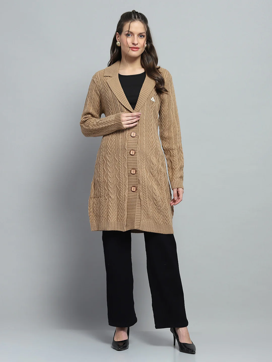 Women Brown Self Design Notch Lapel Collar Full Sleeve Cardigan