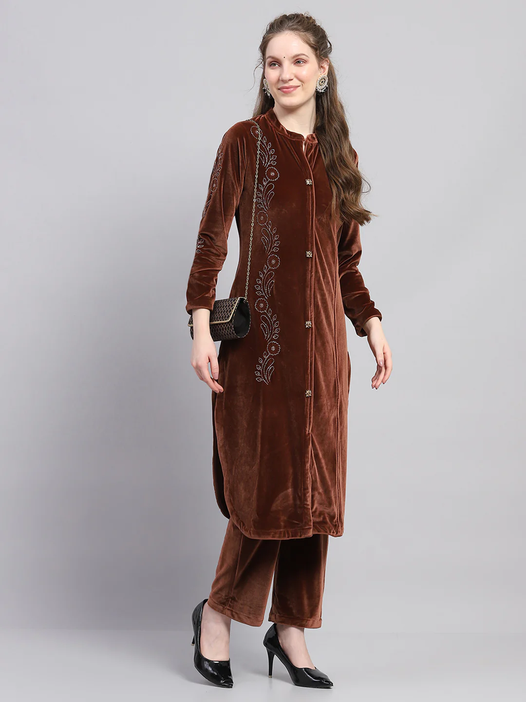 Women Brown Self Design Round Neck Full Sleeve Kurti Set - Image 2