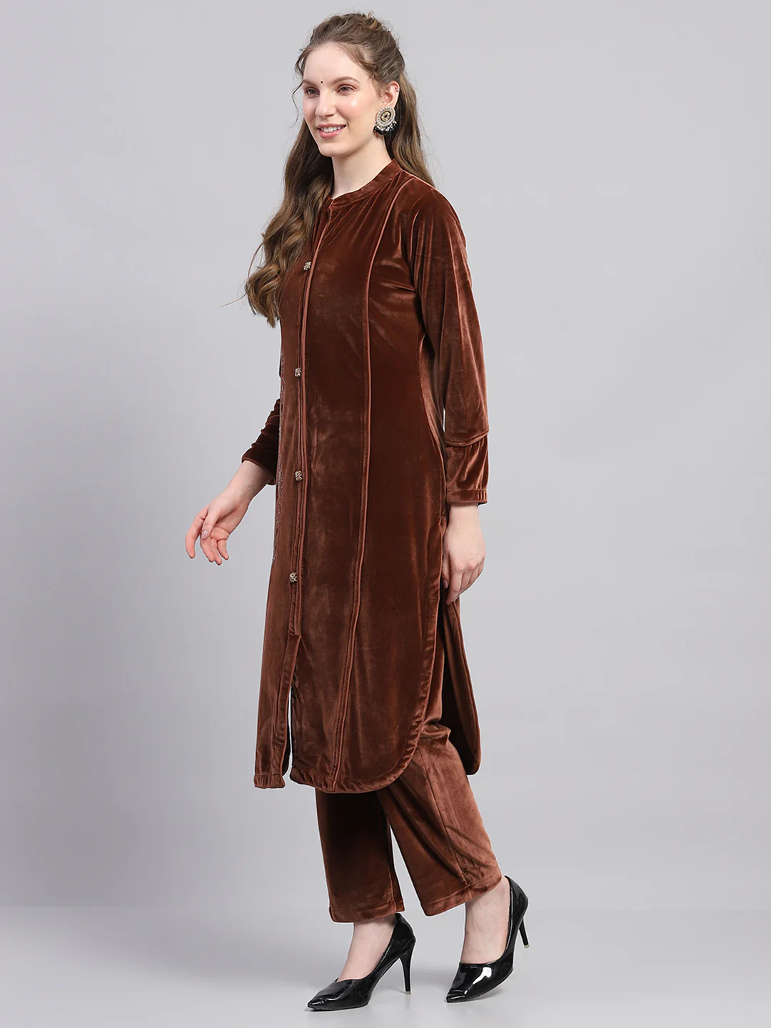 Women Brown Self Design Round Neck Full Sleeve Kurti Set - Image 3