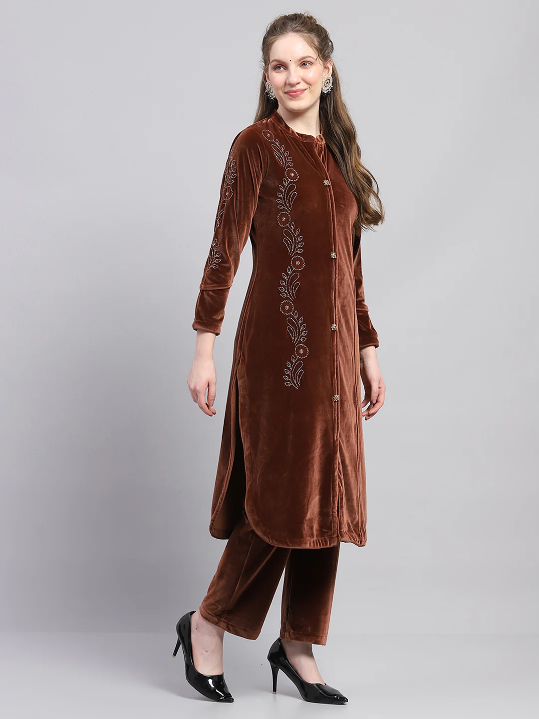 Women Brown Self Design Round Neck Full Sleeve Kurti Set - Image 4