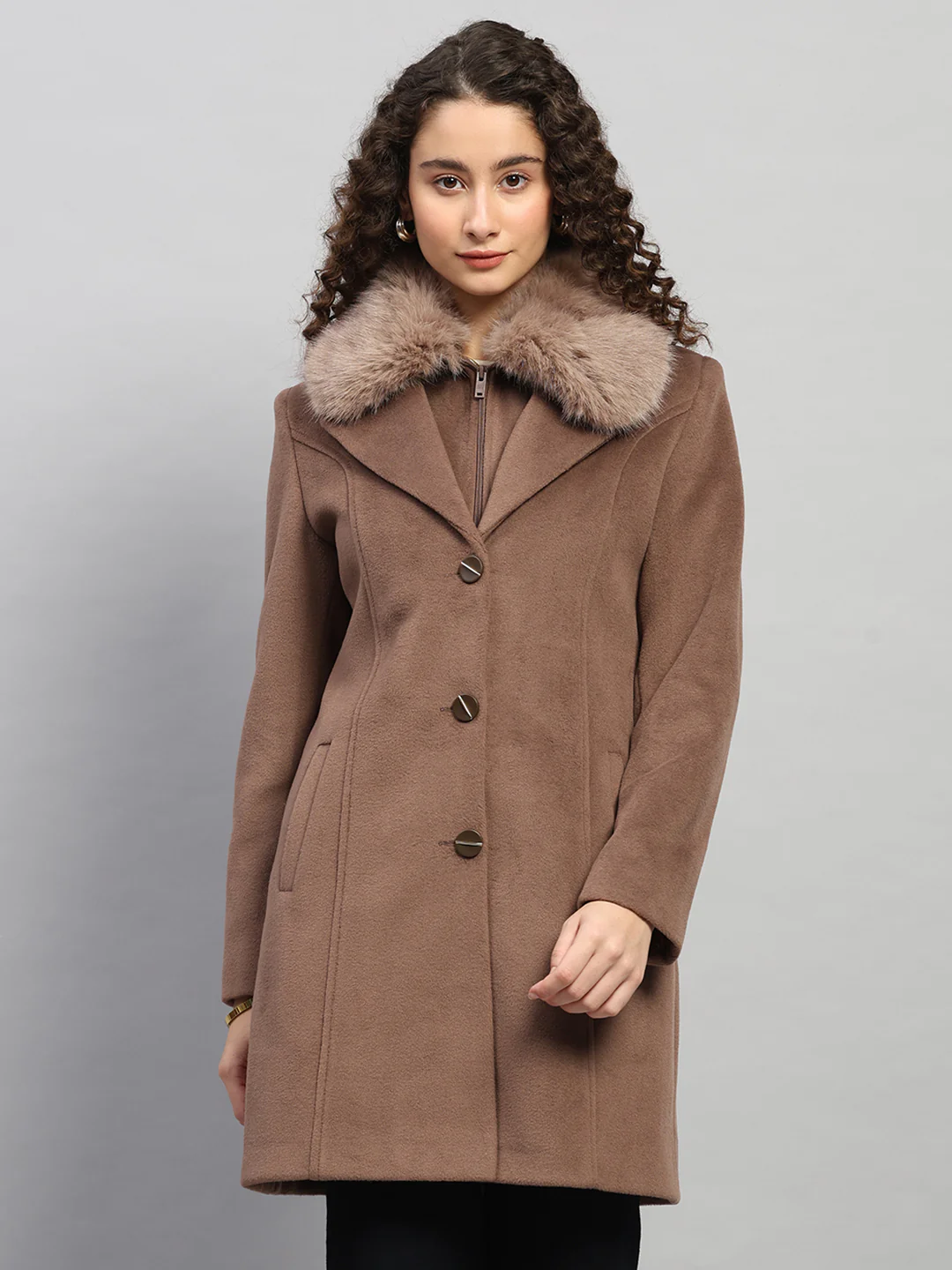 Women Brown Solid Collar Full Sleeve Coat