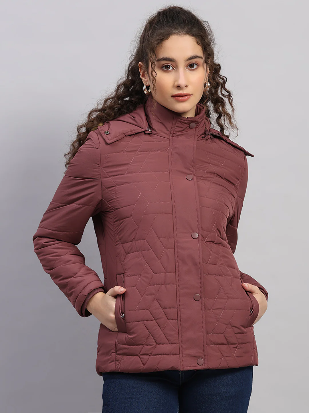 Women Burgundy Printed Hooded Full Sleeve Jacket