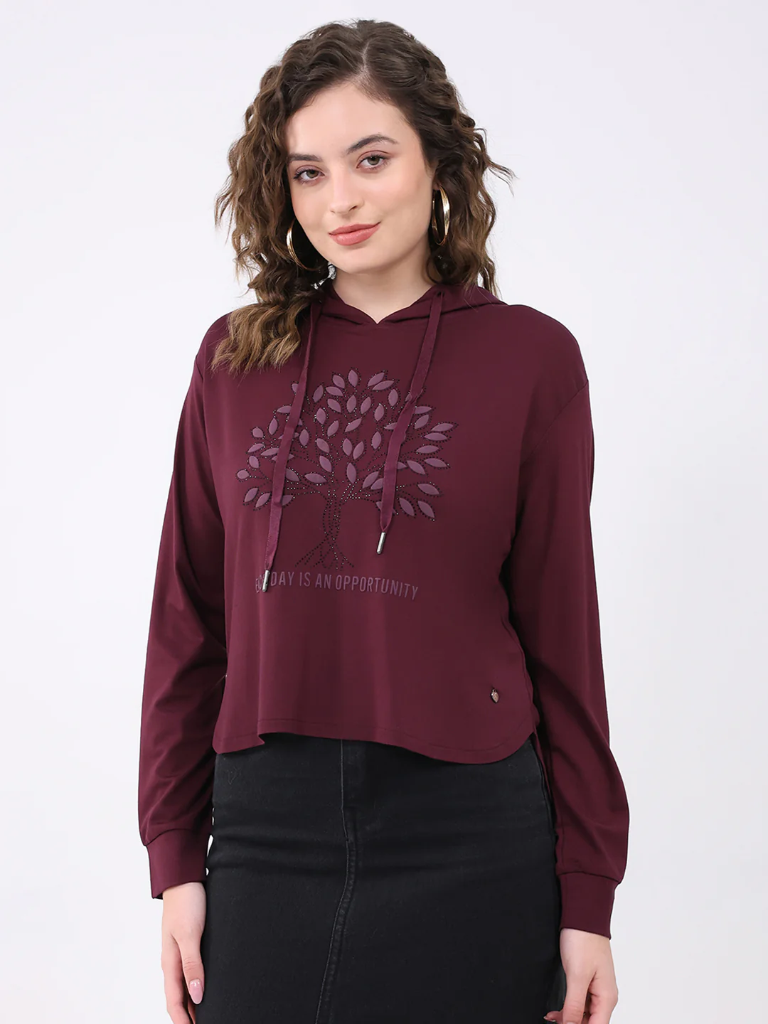 Women Burgundy Printed Hooded Full Sleeve Winter Top
