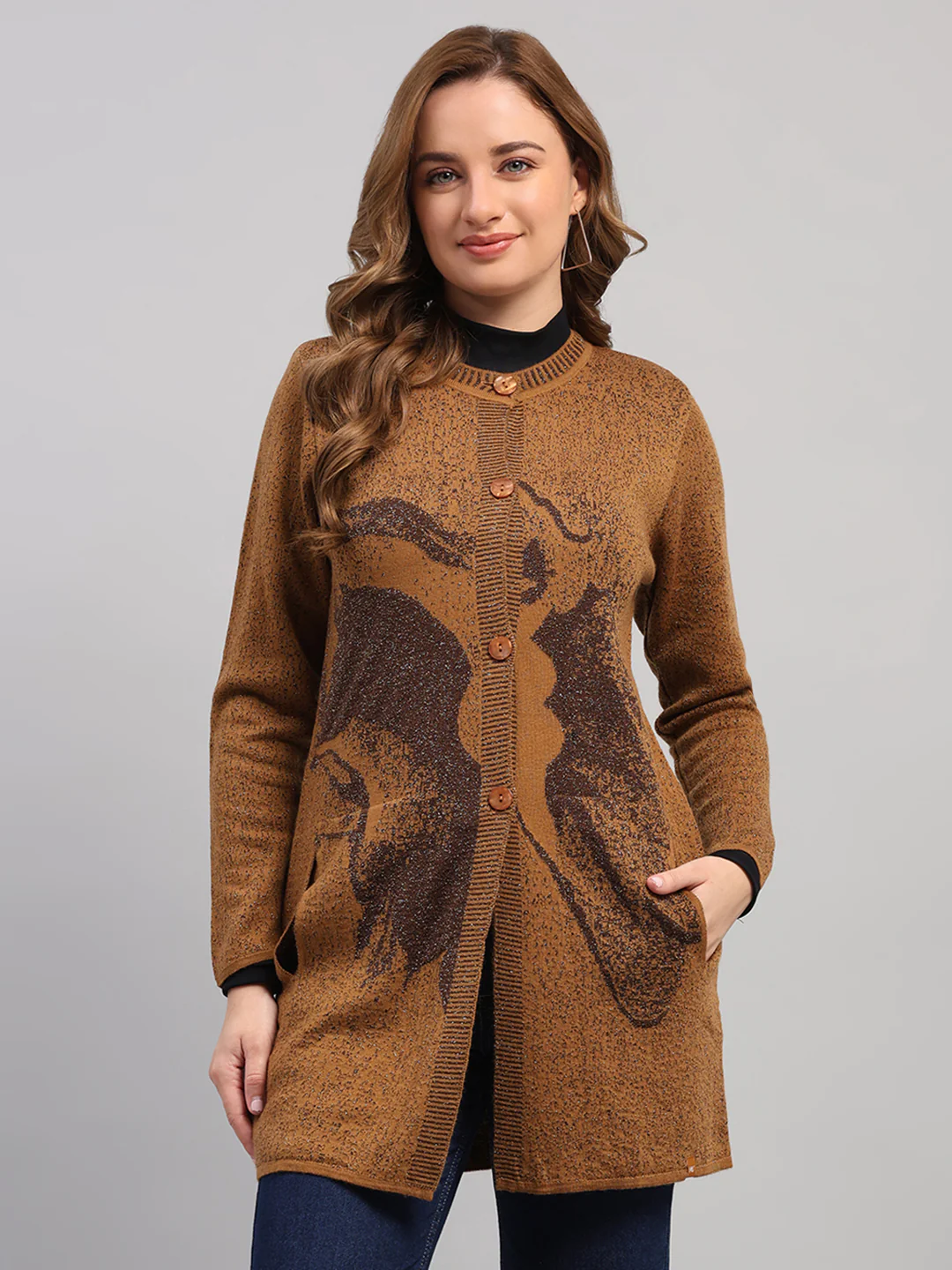 Women Camel Brown Printed Round Neck Full Sleeve Cardigan