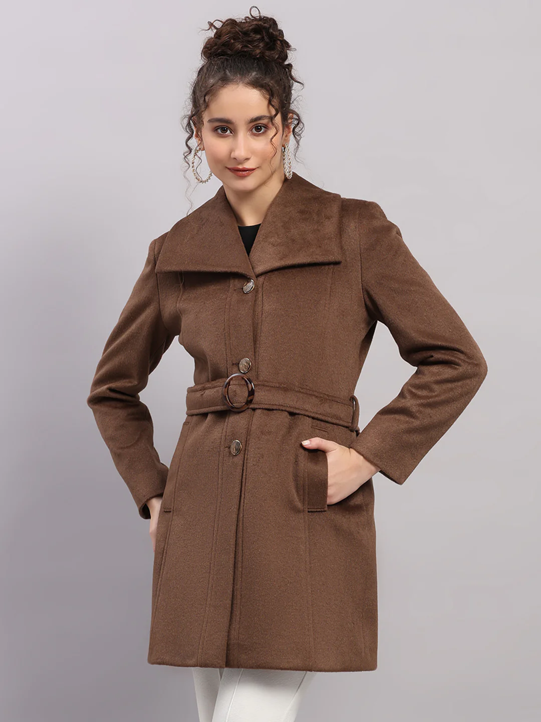 Women Camel Brown Solid Collar Full Sleeve Coat