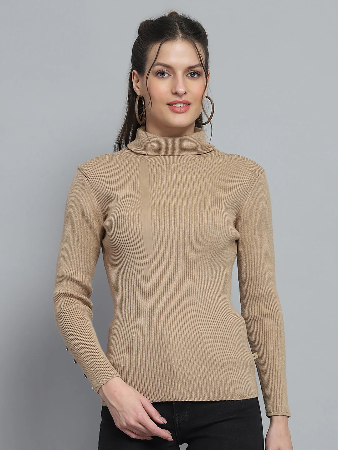 Women Camel Brown Solid High Neck Full Sleeve Sceavy