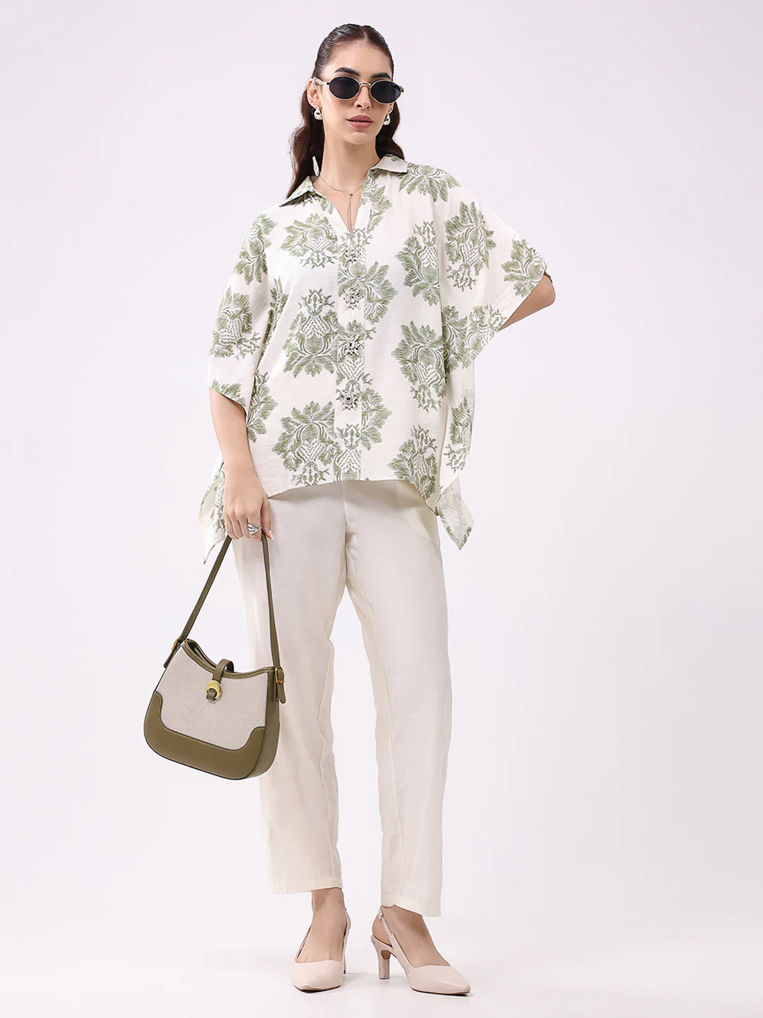 Women Cream Printed Collar 3/4th Sleeve Cords Set - Image 2