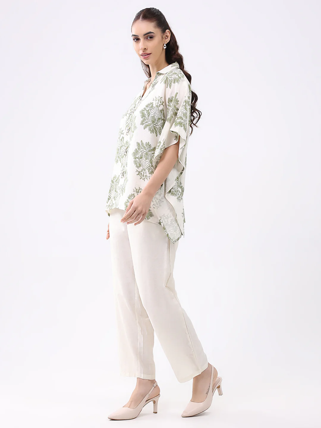 Women Cream Printed Collar 3/4th Sleeve Cords Set - Image 3