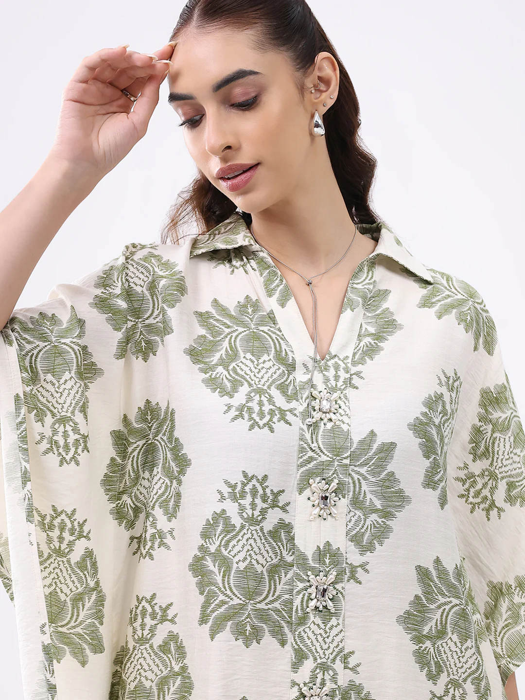 Women Cream Printed Collar 3/4th Sleeve Cords Set - Image 7