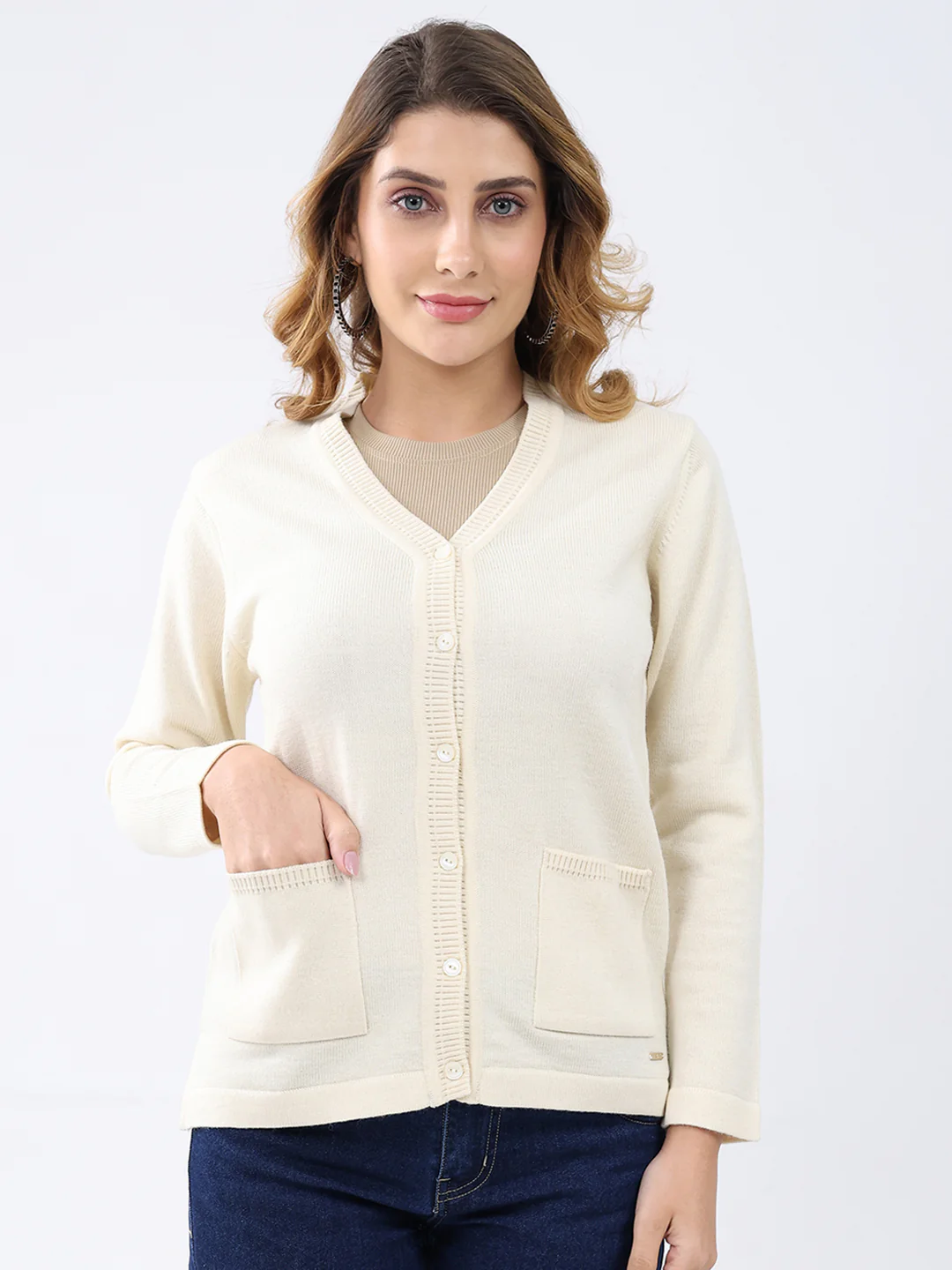 Women Cream Solid V Neck Full Sleeve Cardigan
