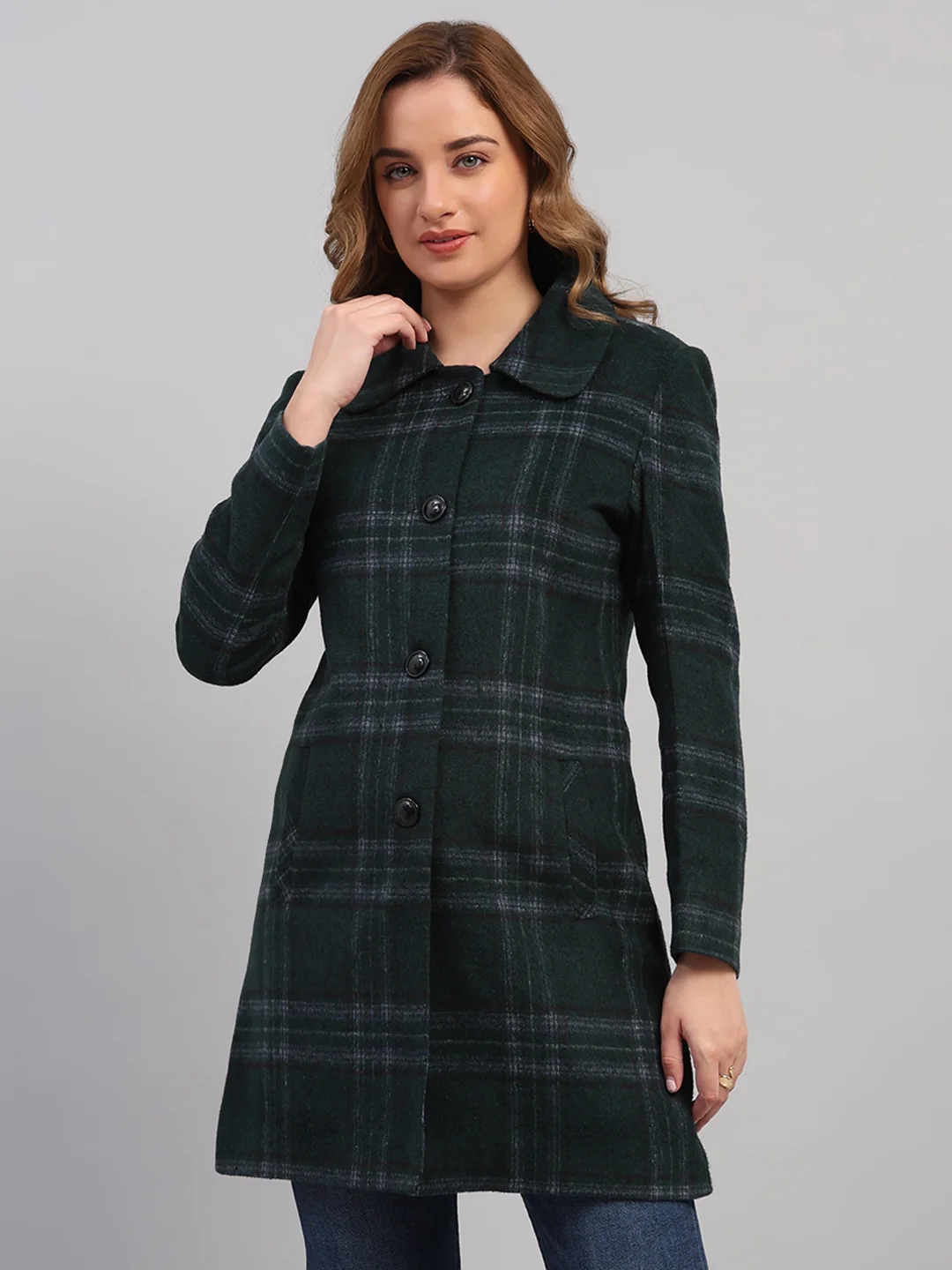 Women Green Check Collar Full Sleeve Coat