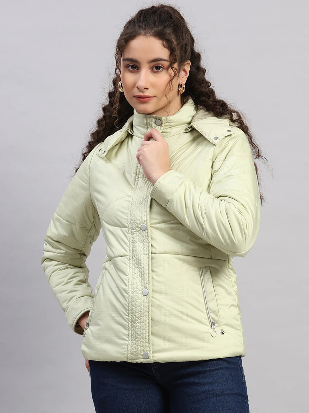 Women Green Printed Hooded Full Sleeve Jacket