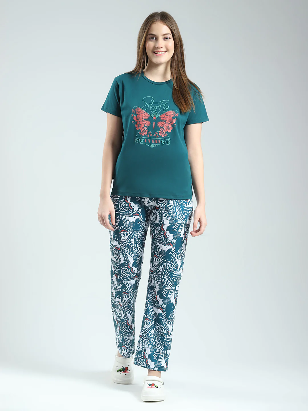 Women Green Printed Round Neck Half Sleeve Lower Set