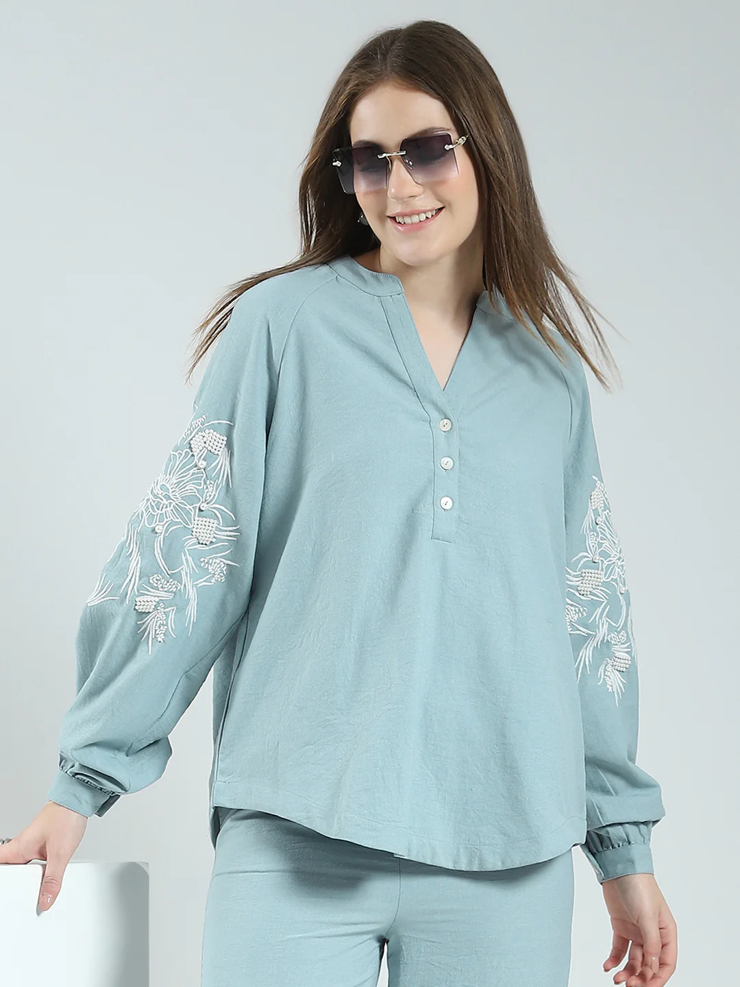 Women Green Self Design Band Neck Full Sleeve Cords Set - Image 6