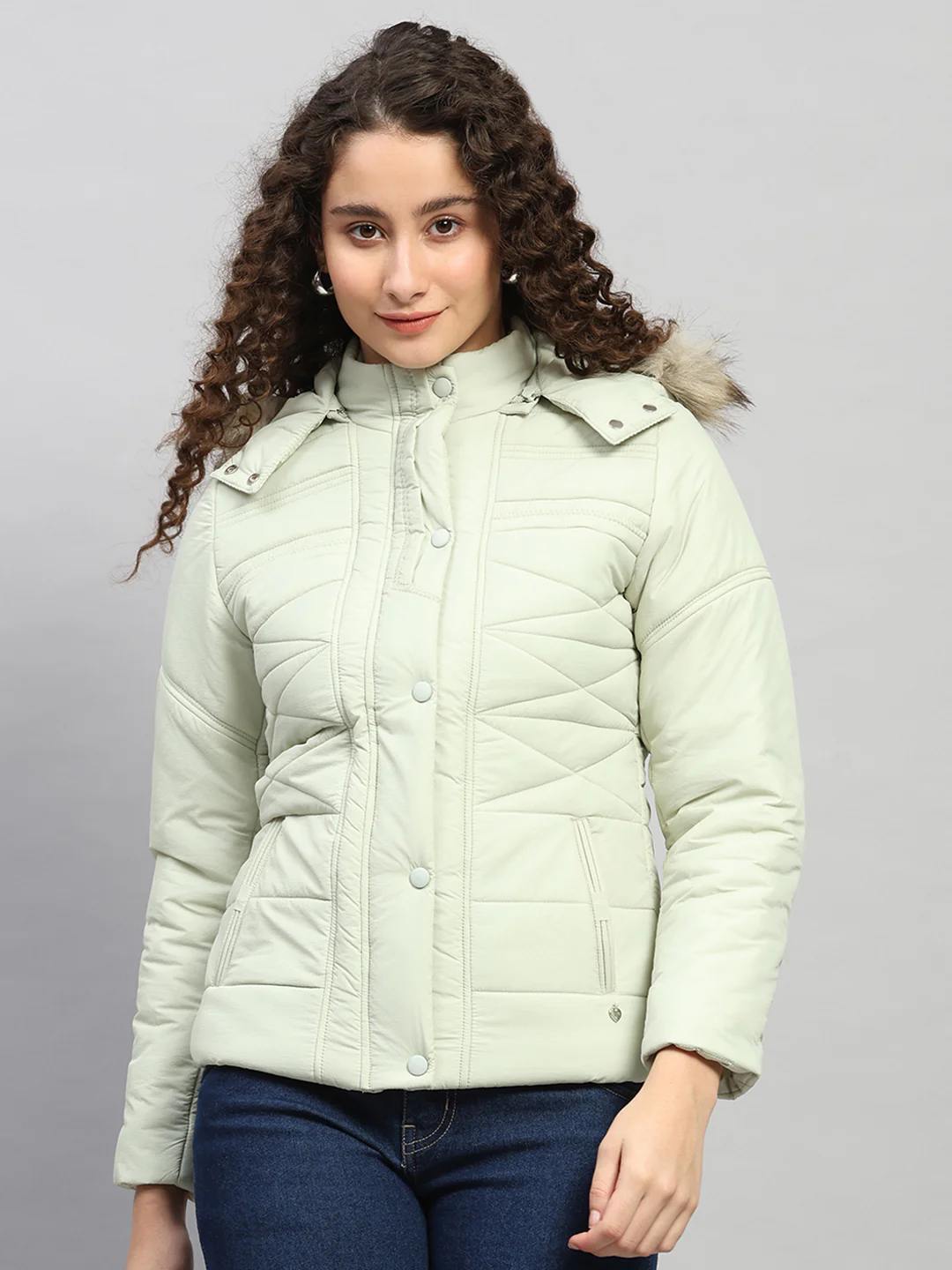 Women Green Self Design Hooded Full Sleeve Jacket