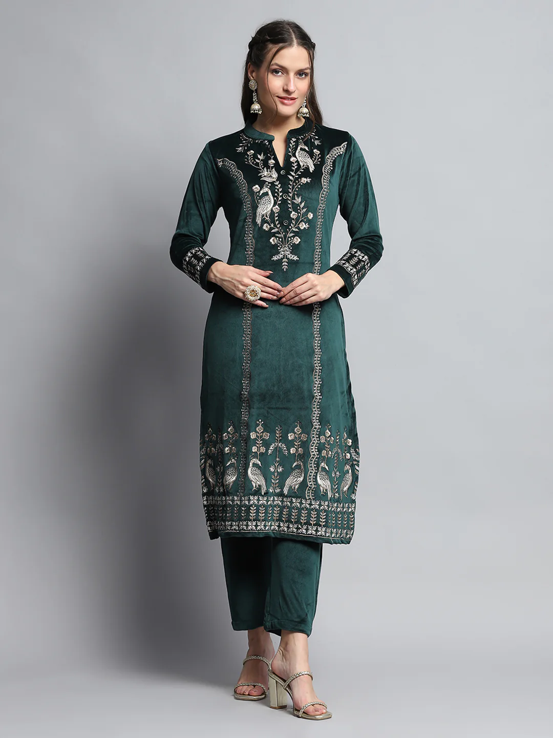 Women Green Self Design Round Neck Full Sleeve Kurti Set for Winter